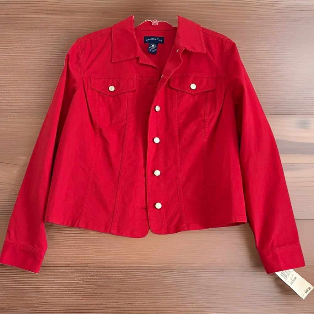 Charter Club Women's Red Cotton Button Front Collared Pocket Jacket Size M